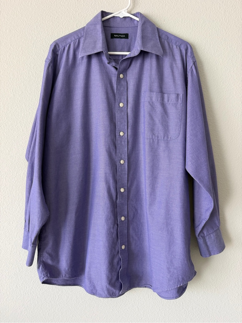 Nautica Men's Dress Shirt Purple Herringbone 100% Cotton Size 16.5 32/33 Office